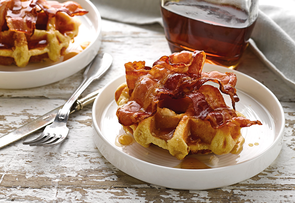 bacon and syrup brioche waffles