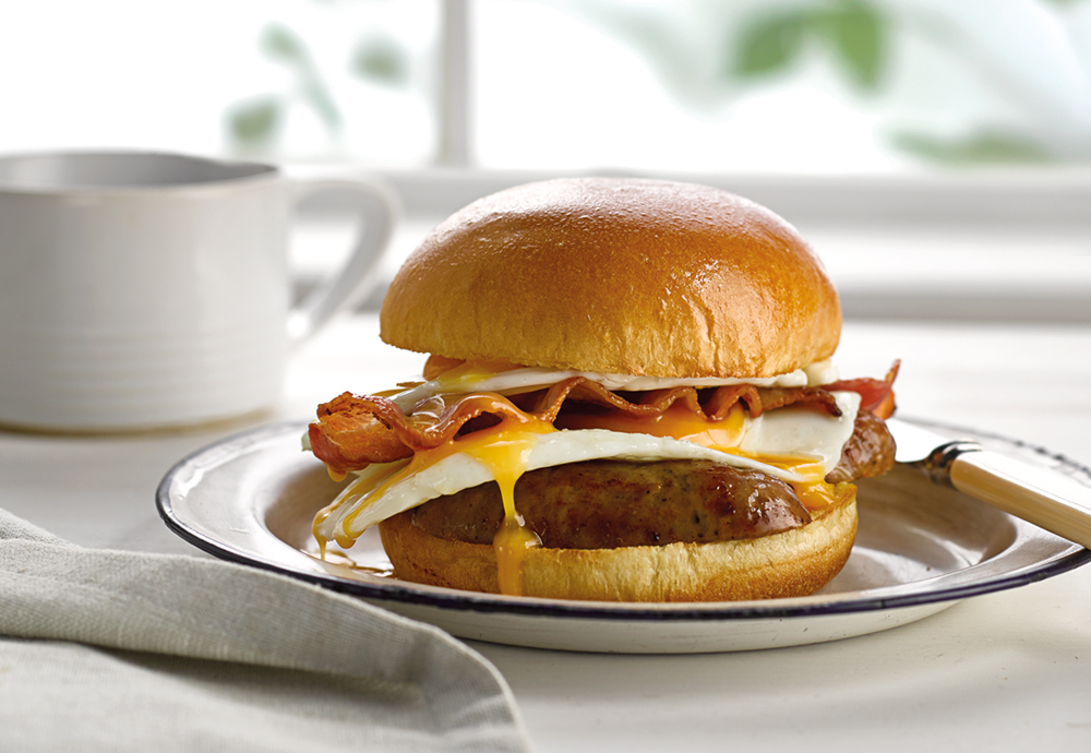 sausage egg and bacon brioche burger bun Breakfast Sandwich